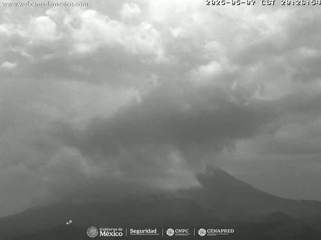 A gray, cloudy sky obscures a large, dark mountain emitting a plume of smoke or ash.