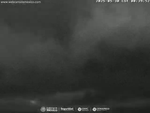 A dark, hazy scene is visible, possibly at night or in heavy fog.