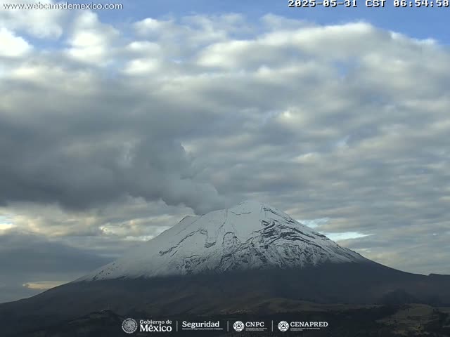 A snow-capped volcano emits a plume of smoke under a mostly cloudy sky.