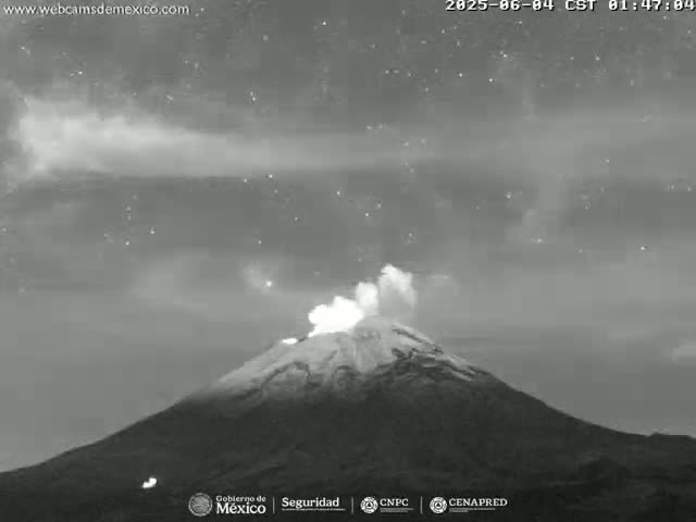 A nighttime grayscale image shows a volcano erupting under a clear, starry sky.
