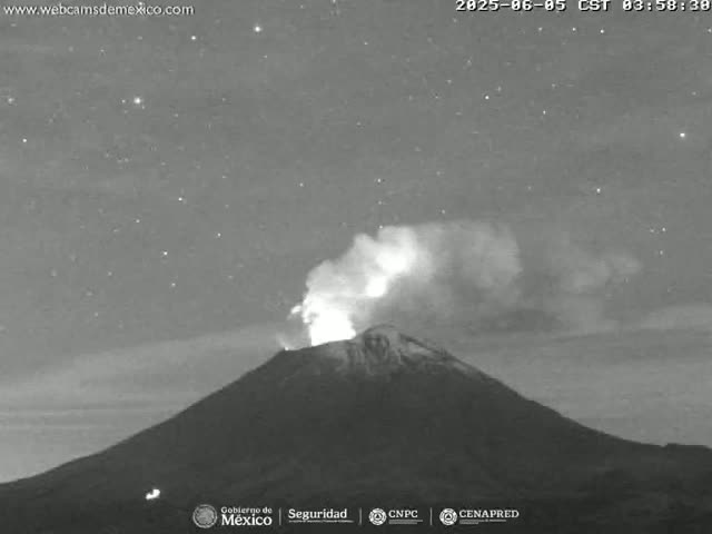 A nighttime, grayscale image shows a volcano erupting under a starry sky.