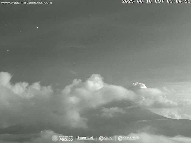 A grayscale night image shows a mostly cloudy sky over a mountain peak, with some stars visible.