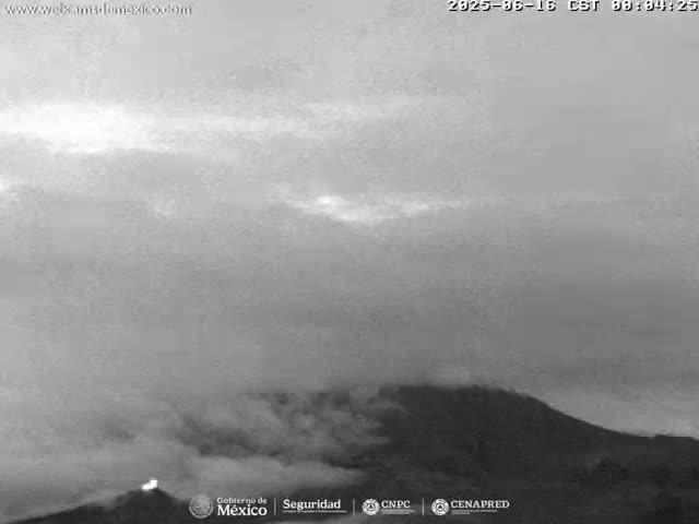 A low-lying layer of clouds obscures distant, low mountains under an overcast sky.