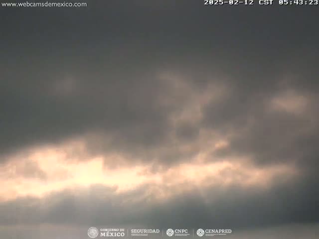 A mostly cloudy sky with a band of lighter, brighter clouds near the horizon.