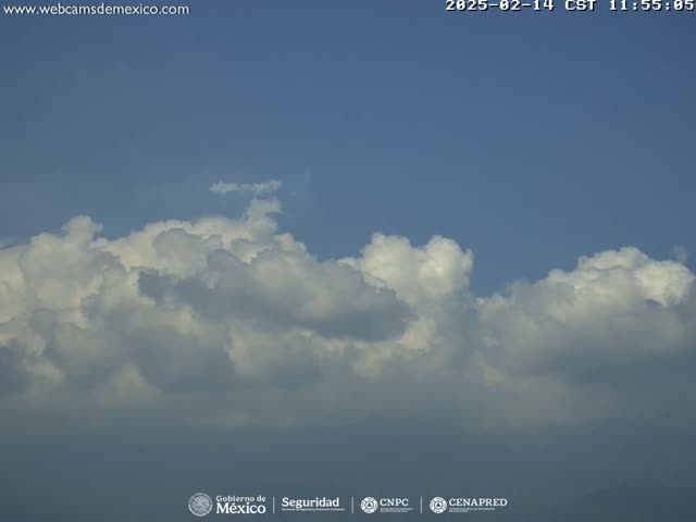 A mostly sunny sky with a large expanse of fluffy cumulus clouds.