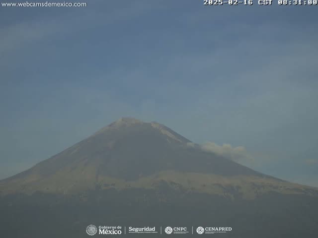 A large, hazy mountain is visible under a clear, light-blue sky.