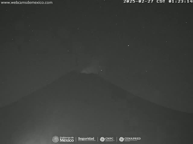 A dark, starlit night sky shows a faintly glowing volcano.