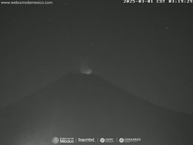 A nighttime long shot shows a volcano erupting faintly under a clear, starry sky.
