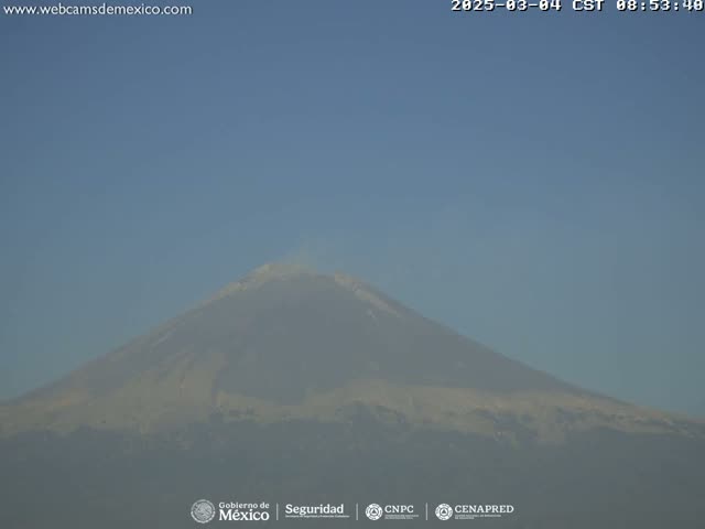 A hazy, snow-capped mountain is visible under a clear blue sky.