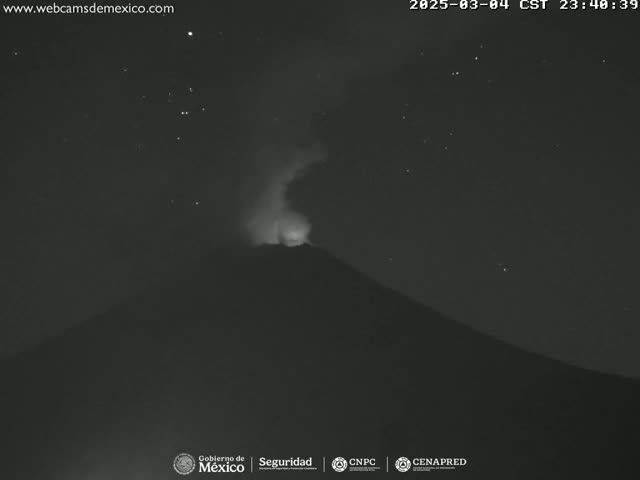 A dark, nighttime image shows a volcano erupting with a plume of smoke rising into a starry sky.