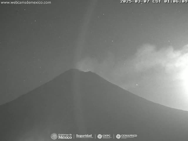 A dark, mountainous landscape is visible under a mostly cloudy night sky.