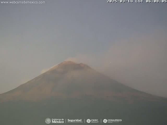 A hazy, possibly dusty, mountain is visible under a pale sky.