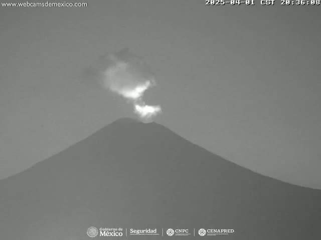 A grayscale image shows a volcano emitting a plume of smoke or ash under a mostly clear sky.