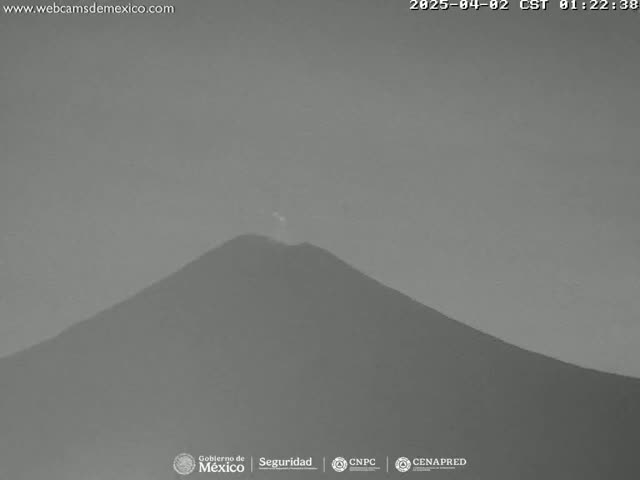 A grayscale image shows a dark, large volcano emitting a faint plume under a mostly clear sky.