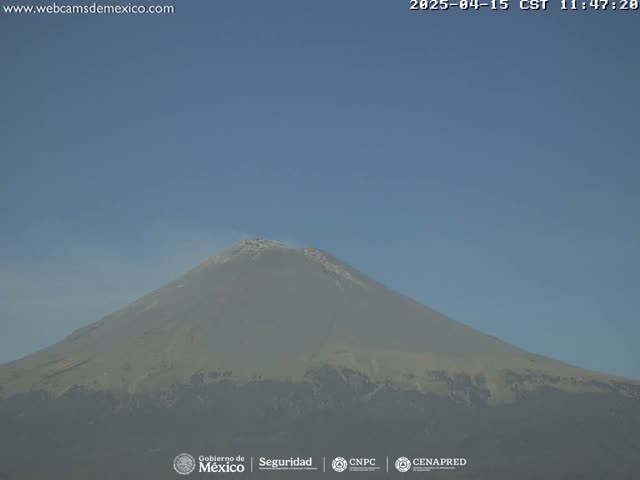 A large, snow-capped mountain is visible under a clear blue sky.