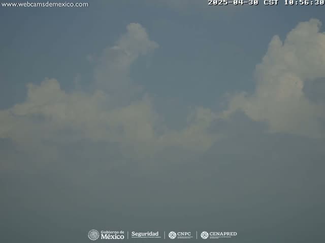 A mostly cloudy sky with some bright white cumulus clouds against a hazy, light-blue background.