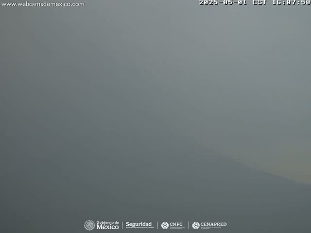 A hazy, gray landscape is visible, with a barely perceptible mountain range in the distance.