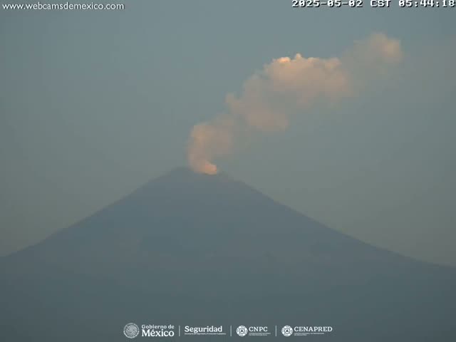 A hazy plume of smoke rises from a dark, distant volcano under a muted sky.