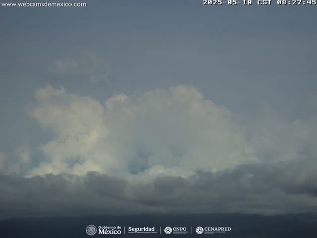 A mostly cloudy sky with dark gray clouds dominating the lower portion and lighter, fluffy clouds higher up.