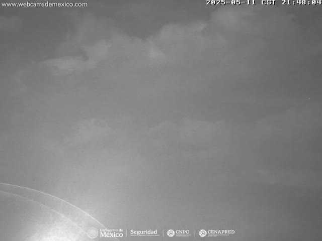A mostly cloudy, overcast sky is visible at night.