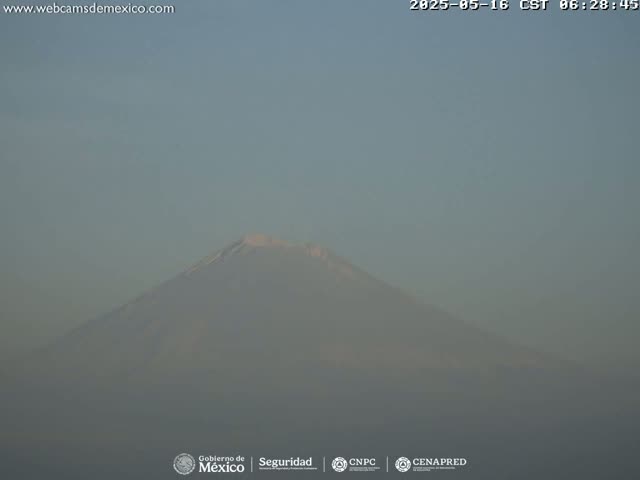 A hazy, distant view of a snow-capped mountain is visible under a clear sky.
