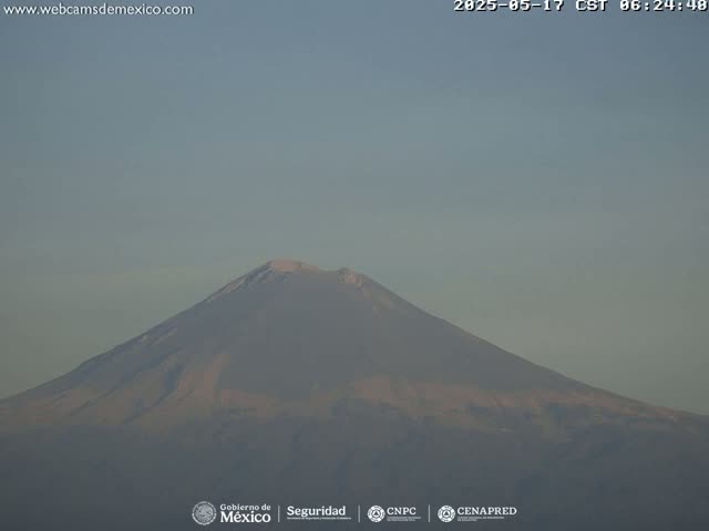 A snow-capped mountain is visible under a clear, light-grey sky.