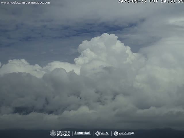 A mostly cloudy sky with large, fluffy cumulus clouds dominating the view.
