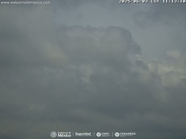 A mostly cloudy sky with a large, dark cloud formation dominating the center.