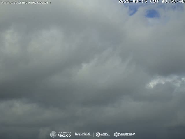 A mostly cloudy sky with dark, heavy clouds covering most of the frame, suggesting an overcast day.