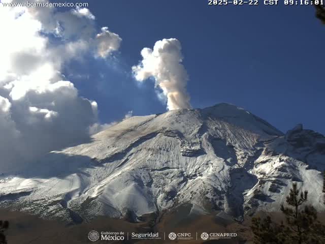 A snow-capped volcano emits a plume of smoke under a partly cloudy sky.