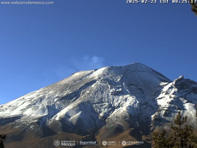 A snow-covered volcano with a small plume of smoke is visible under a clear blue sky.