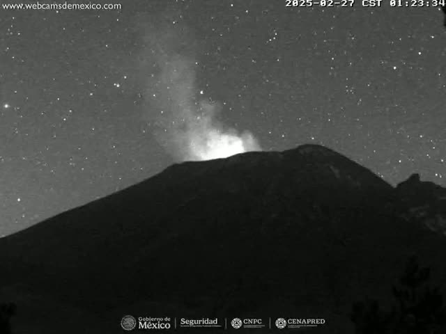 A volcano erupts under a clear, starry night sky.