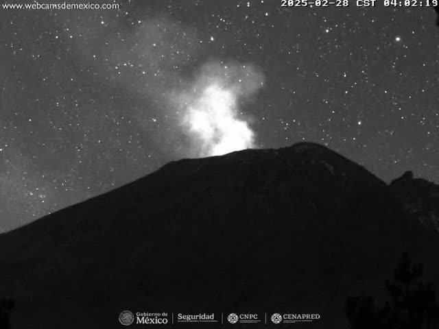 A volcano erupts under a clear, starry night sky.