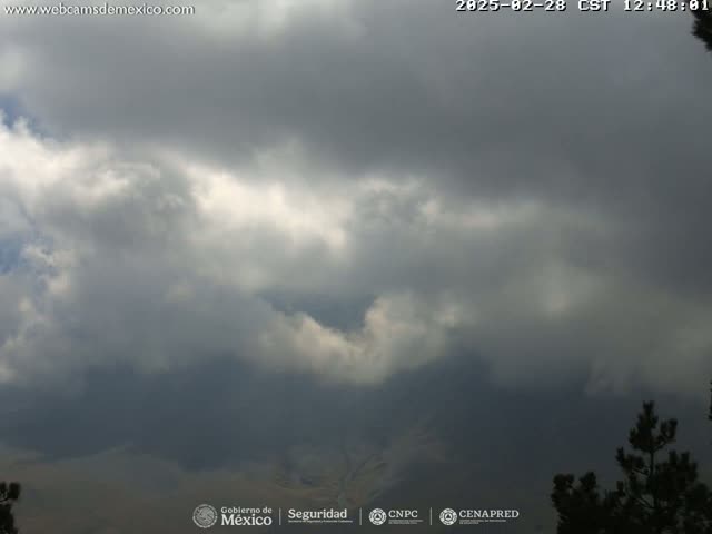 Overcast skies with dark, heavy clouds loom over a mountain range and a few distant trees.