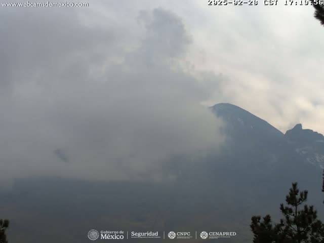 A hazy, overcast sky obscures a distant, snow-capped mountain partially shrouded in fog or smoke.