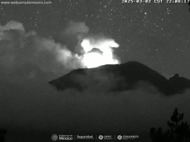 A nighttime, low-light grayscale image shows a volcano erupting under a starry sky.