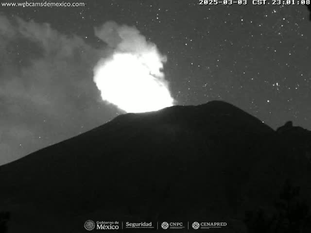 A volcano erupts under a starry night sky.