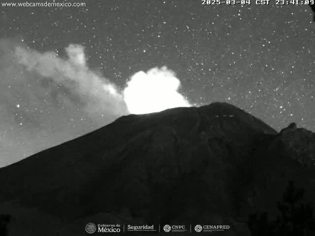 A volcano erupts at night under a starry sky, emitting a plume of smoke and ash.