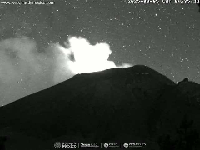 A dark, mountainous volcano erupts a plume of light-colored smoke under a starry night sky.