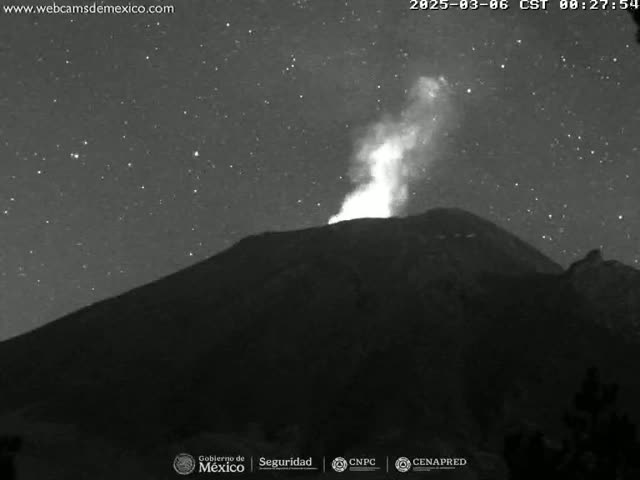 A volcano erupts under a clear, starry night sky.