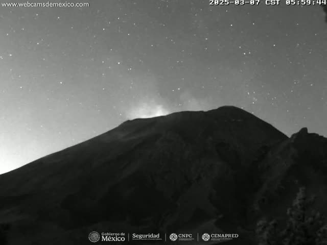 A dark, large volcano is visible under a night sky full of stars, with a faint plume of smoke or steam emanating from its peak.