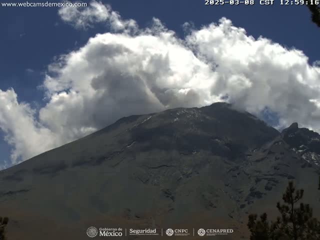 A large, dark-colored mountain is partially obscured by fluffy white clouds under a mostly sunny sky.