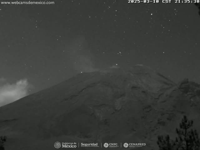 A dark, mountainous landscape is visible under a clear, starry night sky.
