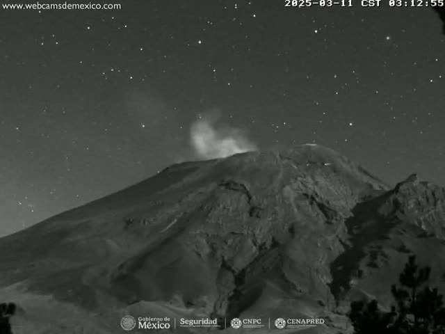 A nighttime, grayscale image shows a volcano erupting under a clear, starry sky.