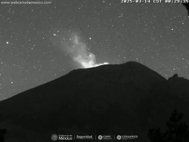 A volcano erupts under a starry night sky.
