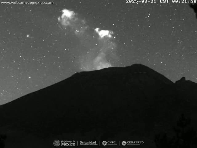 A dark, silhouetted mountain is seen under a night sky filled with stars, with a faint plume of smoke or ash rising from its peak.
