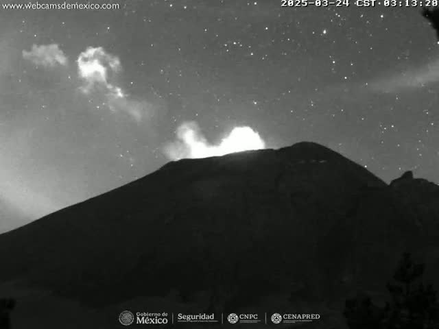 A dark, starlit night shows a volcano emitting a plume of smoke and ash.
