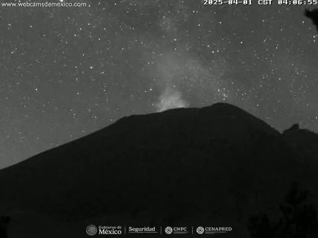 A dark, silhouetted mountain is shown at night under a starry sky with a faint, milky way visible, and a small plume of smoke or steam emanating from its peak.