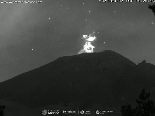 A volcano erupts under a clear, starry night sky.