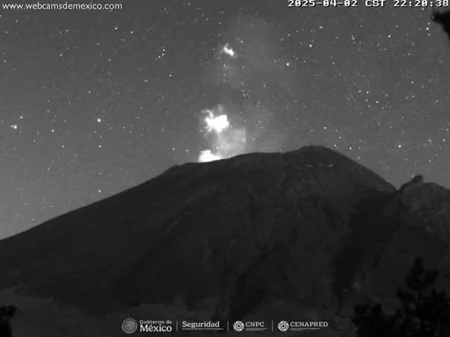 Under a starry night sky, a volcano emits a plume of smoke or ash.